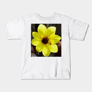 Yellow Dahlia Flower with Ladybug Kids T-Shirt